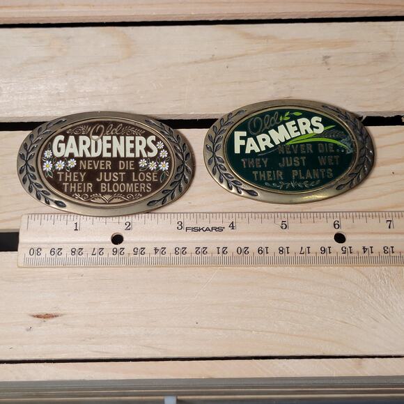 Set of 2 VINTAGE Humorous Brass Belt Buckles: Old Farmers & Old Gardners (1980)